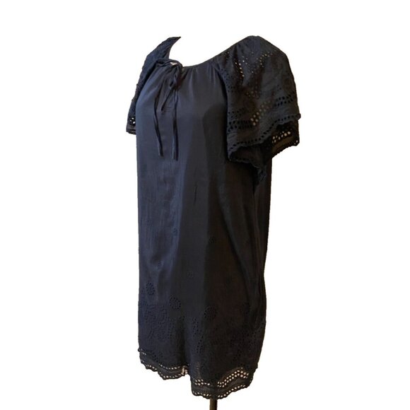 Madewell Dress Navy Blue Medium 6 8 10 Short Sleeve Embroidered Silk Cotton - Picture 6 of 15